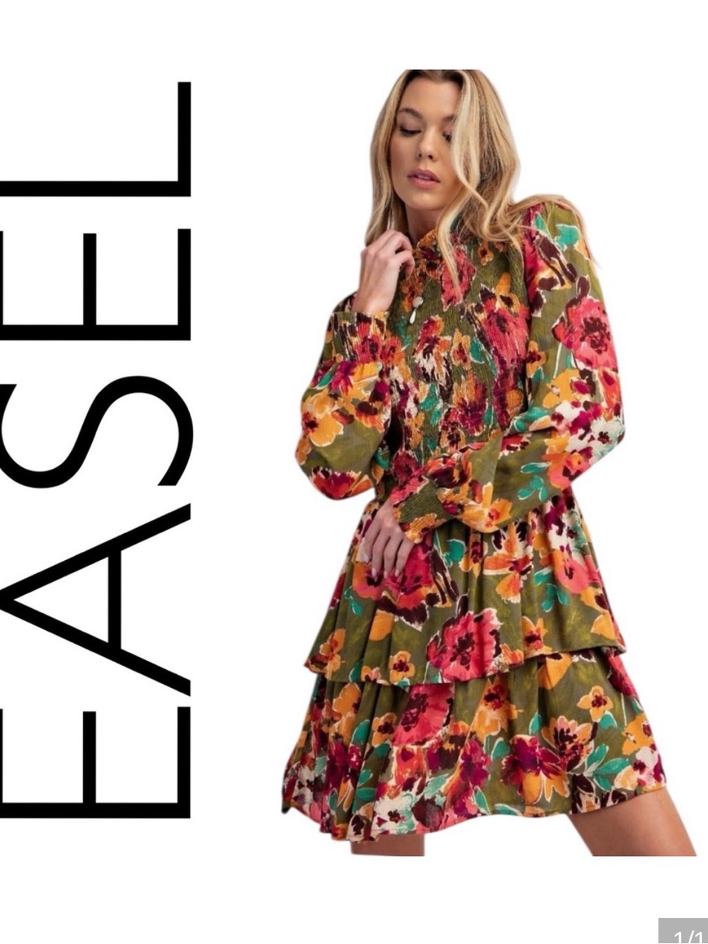 easel NWT Floral Tiered Long Sleeve Mock Neck Dress - Olive, Pink, Mustard